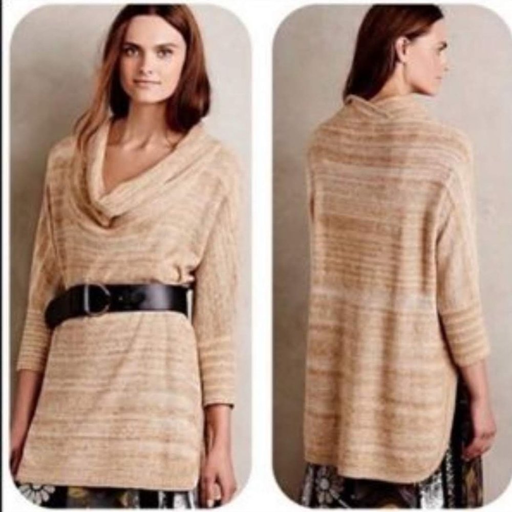 Anthropologie Thistle Lavender Tan & Cream Cowl Neck High Low Sweater, Lg